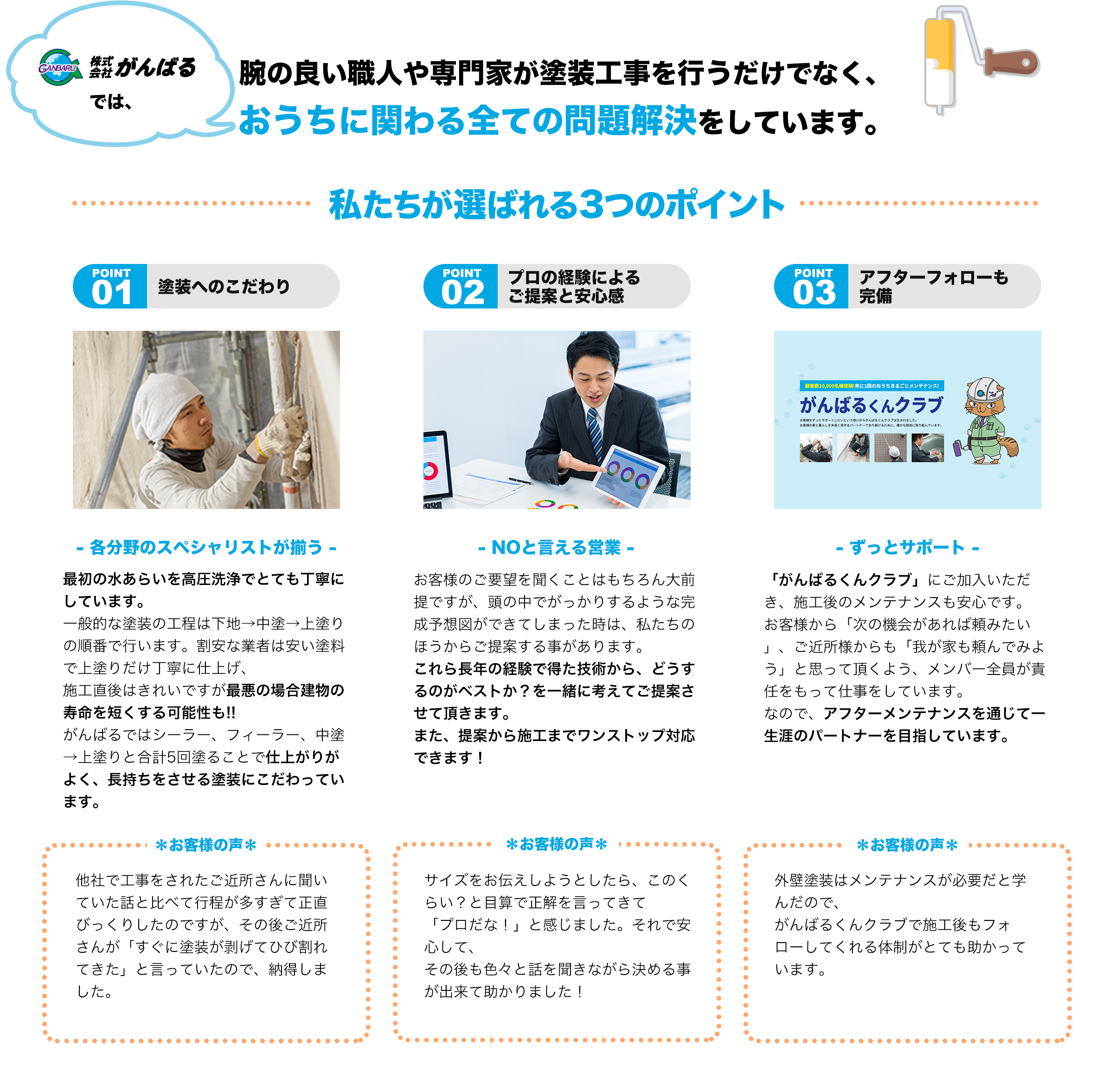 株式会社がんばるの場合、腕の良い職人や専門家が塗装工事を行うだけでなく、 おうちに関わる問題解決をしています。