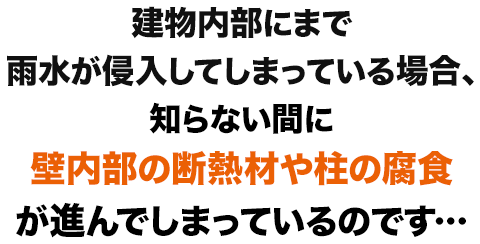 建物内部にまで水が侵入してしまっている場合、知らない間に壁内部の断熱材や柱の腐食が進んでしまっているのです・・・