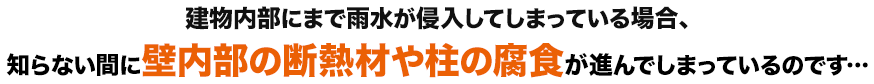 建物内部にまで水が侵入してしまっている場合、知らない間に壁内部の断熱材や柱の腐食が進んでしまっているのです・・・