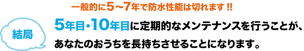 ５～７年で防水性能は切れます!!だから5年•10年に1度は定期的なメンテナンスを行うことにより、 あなたのおうちを長持ちさせることができるのです！